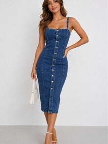Demin Dress Tieves And Front Buttons - Dark Wash - View 8