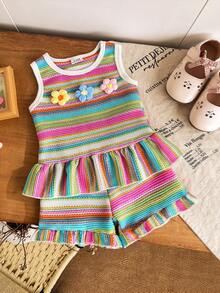 SHEIN Playful Pals 女嬰 2026 夏季新款 3D 花朵彩色條紋針織舒適無袖圓點荷葉邊可愛上衣 + 女嬰舒適寬腿短褲套裝 - 彩色 - 查看 5