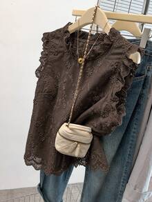 GlowEve CURVE Plus Size Women Comfortable Fitted Embroidered Ruffle Hem Blouse, Casual/Work Wear, Suitable For Daily Outing, Commuting, Dating, Spring & Summer - Brown - View 1
