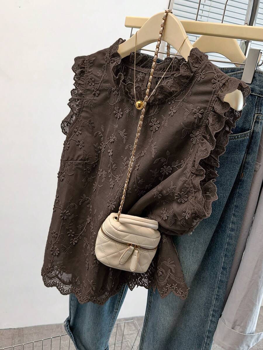GlowEve CURVE Plus Size Women Comfortable Fitted Embroidered Ruffle Hem Blouse, Casual/Work Wear, Suitable For Daily Outing, Commuting, Dating, Spring & Summer - Brown - View 1