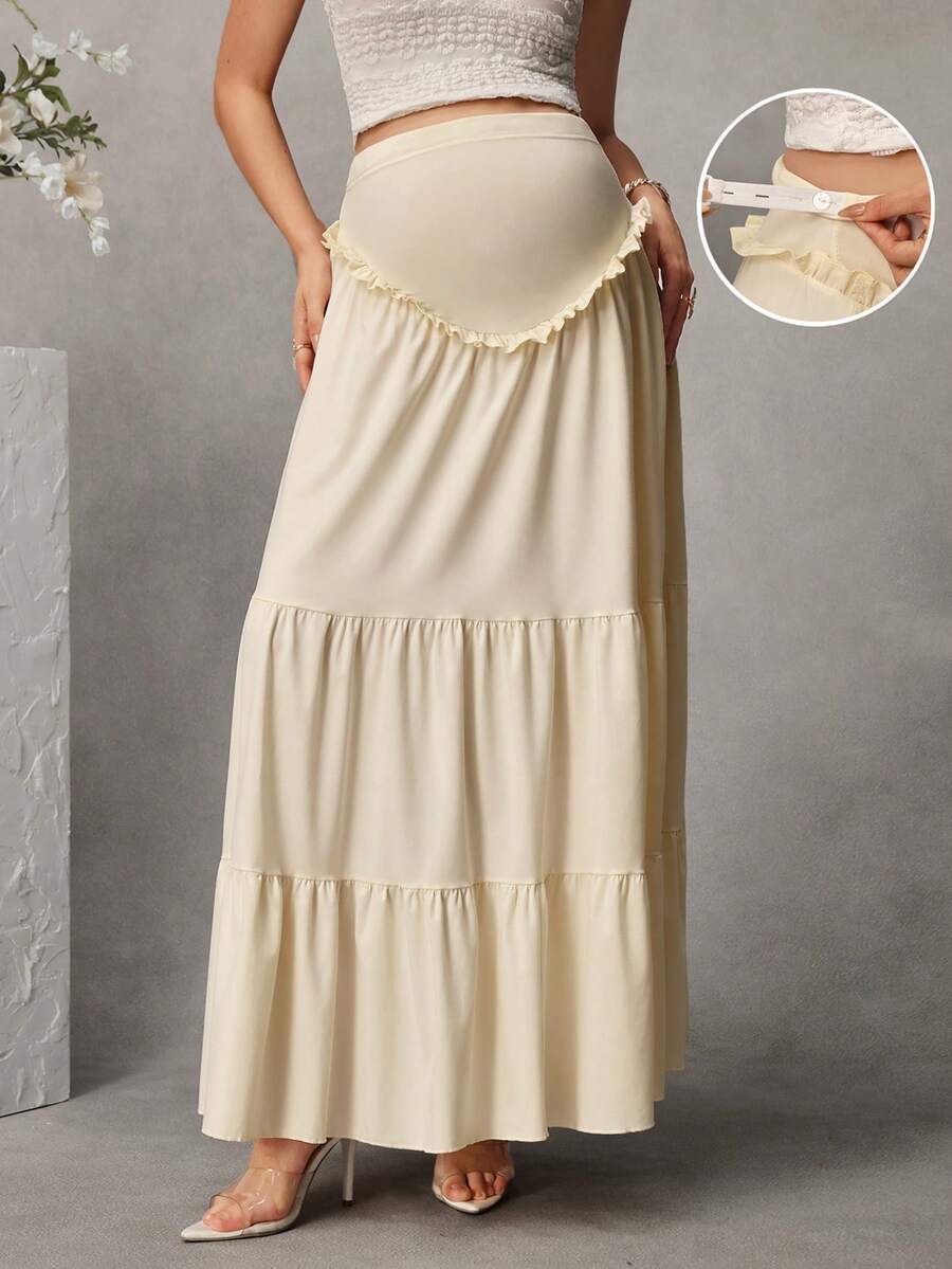 Momance Off-White Maternity Skirt, High Waist Belly Support Design, Multi-Layer Ruffle Patchwork, Flowy Chiffon Material, Loose Cake Hem,  Fall, Baby Shower - Apricot - View 1