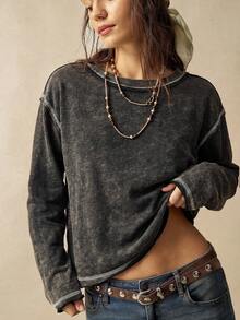 Bohemela Casual Solid Color Knit Long Sleeve Women's Top - Black - View 3