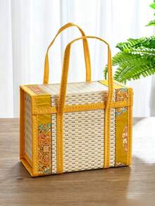 1Pc Foldable Camp Storage Basket Woven From Bamboo, Batik Cloth Covered, Picnic Basket, Rural Style. - yellow and white - View 2