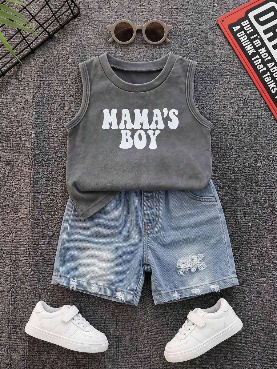 SHEIN 2件/組 男嬰夏季休閒字母印花背心 & 牛仔短褲套裝,牛仔套裝,背心套裝 - 彩色 - 查看 1