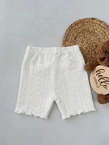 SHEIN Conjunto de pantalones casuales de punto de unicolor con dobladillo con volantes para niñas bebés - Blanco - Ver 5