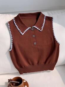 Comfortcana Women's Contrast Trim Sleeveless Knit Top Brunch Brown And Blue Summer Preppy Vintage School Everyday - Brown - View 3