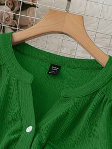 SHEIN Clasi 大尺碼休閒通勤素色捲袖襯衫 - 綠色 - 查看 5