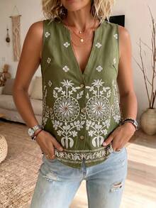 SHEIN LUNE Island Style Easy V-Neck Open Front Placement Print Vintage Tropical Boho Casual Vacation Vest Commuter Premium Women's Tank Top Green Floral Summer - Multicolor - View 6