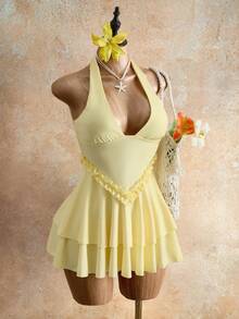 Mistrie Women's Summer Vacation Halter Neck Dress With Ruffle Hem - Yellow - View 5
