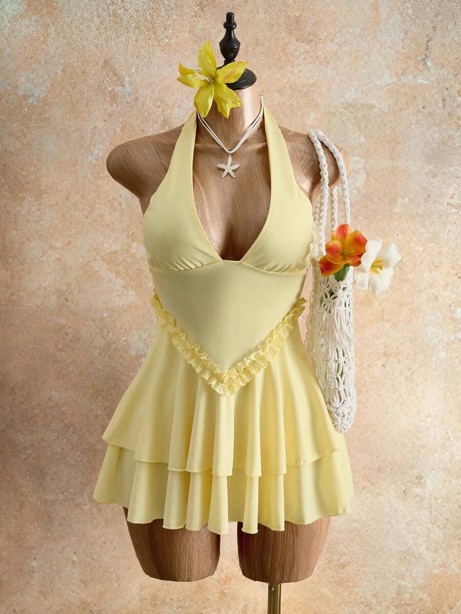 Mistrie Women's Summer Vacation Halter Neck Dress With Ruffle Hem - Yellow - View 1