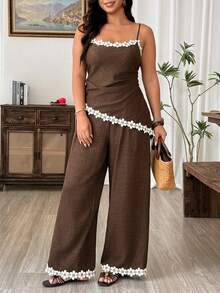 Weeklong Plus Size Camisole Top With Patchwork Lace Trim Asymmetrical Hem + Elastic Waist Wide Leg Straight Pants Contrast Lace Trim Elegant Streetwear Summer - Coffee Brown - View 9