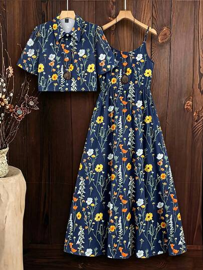 Linhara Plus Size Women's Printed Camisole Maxi Dress Vacation Sundress 2 Pieces Set Vacation Navy Blue Summer Boho