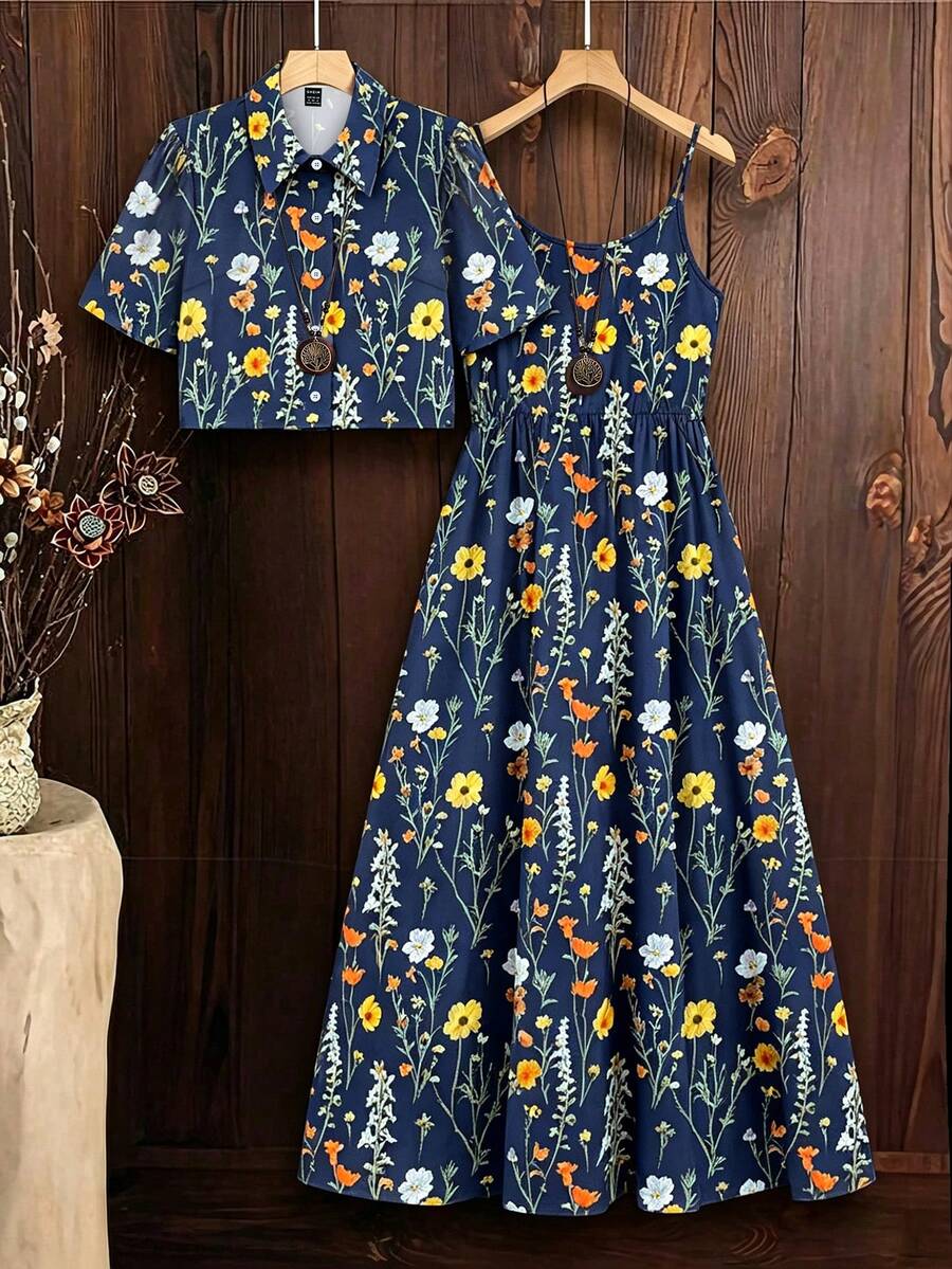 Linhara Plus Size Women's Printed Camisole Maxi Dress Vacation Sundress 2 Pieces Set Vacation Navy Blue Summer Boho - Navy Blue - View 1