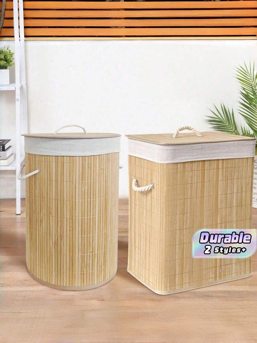 Giỏ đựng quần áo bằng tre, dung tích lớn, có thể gấp gọn, dễ di chuyển, có tay cầm, nắp đậy và bánh xe. Thiết kế hình chữ nhật/tròn. Tiết kiệm không gian cho phòng ngủ, phòng tắm, phòng giặt và sử dụng trong nhà. - Tre màu gốc - Xem 1
