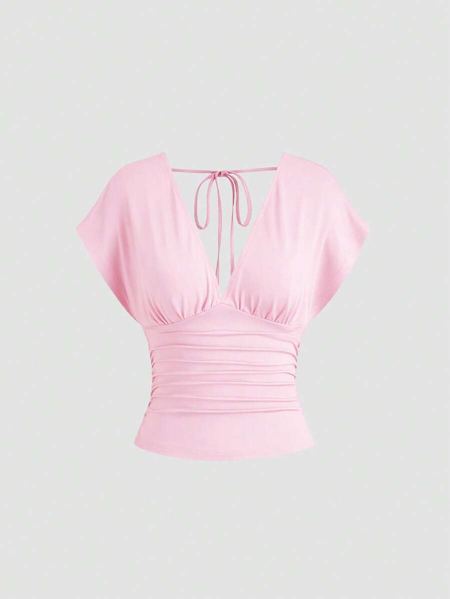 Sweetra Women's New Fashion Versatile Knit Front & Back Deep V-Neck Reversible T-Shirt, Cinched Waist, Ruched Back, Tie-Up Shoulder, Dolman Sleeve Top - Baby Pink - View 1