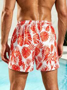 Azuldrift Men's Tropical Plant Print Drawstring Waist Beach Shorts, Holiday - Orange - View 2