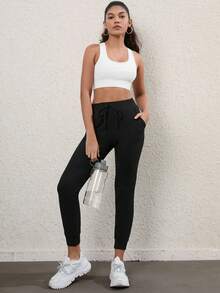 SHEIN Cheerettes بنطلون رياضي رياضي موحدة اللون رباط خصر - الأسود - مشاهدة 4