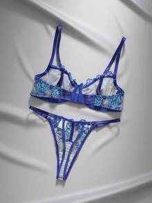EmpressEnvy Women's Floral Embroidery Bra & Panty Underwear Lingerie Set - Blue - View 2