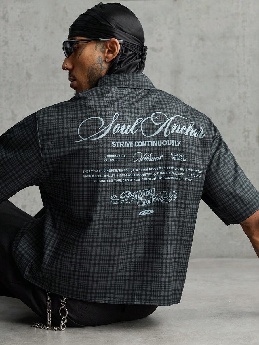 AXEPEAK Men's Summer Casual Plaid Slogan Print Shirt - Black - View 1