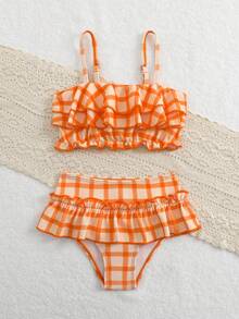 SHEIN Conjunto de traje de baño para niña joven con top de tirantes con volantes en el bajo y estampado a cuadros y Bottom triangular - Naranja - Ver 3