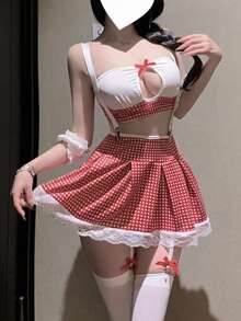 Dansine 性感女仆装，JK格子，角色扮演夜总会诱惑服装套装 - 紅白色 - 查看 7