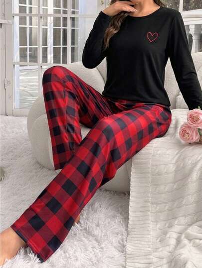 Set 2 piezas  / Conjunto de pijama con top de manga larga  con estampado a cuadros y pantalón largo de dormir a cuadros con bolsillos para mujer