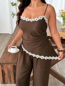 Weeklong Plus Size Camisole Top With Patchwork Lace Trim Asymmetrical Hem + Elastic Waist Wide Leg Straight Pants Contrast Lace Trim Elegant Streetwear Summer - Coffee Brown - View 4