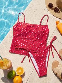 Swim Mod 2pcs Women's Beachwear Set, Fashionable Cute Sexy Vacation Seaside Swimming Pool Party Polka Dot Multicolor Spaghetti Strap Adjustable Tank Top And Side Tie Bikini Bottoms - Multicolor - View 3
