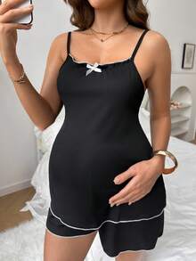 Moonlight&Mama Moonlight & Mama 基本款休閒時尚黑色提花面料細肩帶哺乳孕婦睡衣套裝 - 黑色 - 查看 5