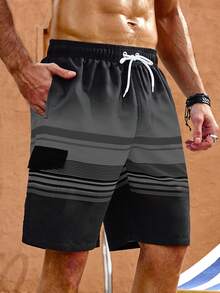Manfinity KASUA Celana Pendek Pantai Kasual Pria Ukuran Besar Motif Garis-garis dengan Tali Serut untuk Liburan - Hitam - View 3