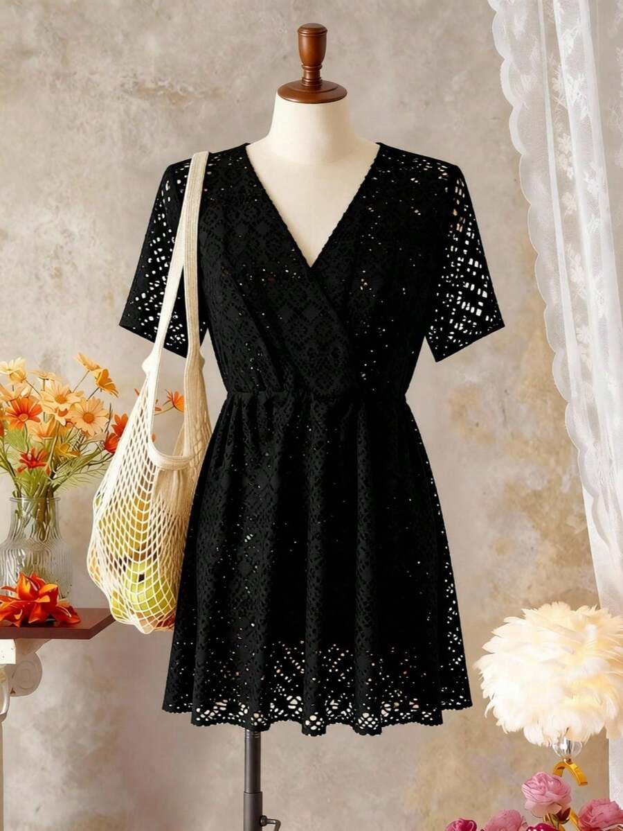 SHEIN Summer Short Sleeve Cover-Up Dress, Black Tropical Design, Ideal For Beach Holiday - Black - View 1