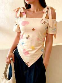 INAWLY Women's Summer Street Wear 2000s Y2k Cute Print Off-The-Shoulder Triangle Hem Top Bow Strap Everyday Vacation Daytime Knit Short-Sleeve T-Shirt Beige - Apricot - View 4