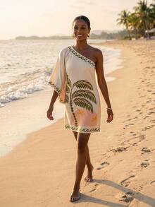 CAJUNI Women's One Shoulder Coconut Tree Print Casual Vacation Travel Short Dress - Multicolor - View 8