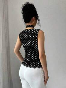 SHEIN Franclia 女款夏季優雅波點黑色無袖蕾絲拼接V領襯衫，配有蝴蝶結設計，適合派對與約會 - 黑色 - 查看 2