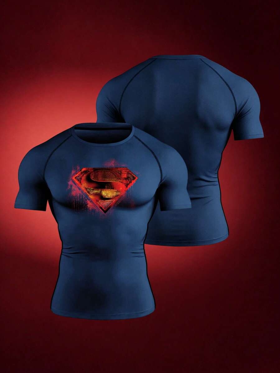 SUPERMAN X SHEIN RISE LYT Camiseta deportiva de manga corta con estampado geométrico y mangas raglán para hombre, gimnasio - azul real - Ver 1