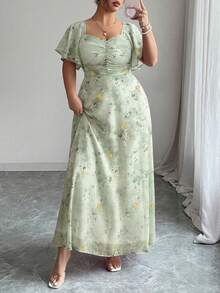 Modelyn Plus Size Women's Chiffon Butterfly Print Batwing Sleeve Ruched Summer Sweet French Style Dress - Mist Green - View 4
