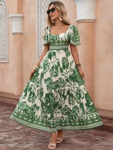 Flora Isola Flora Isola Women's Spring/Summer Elegant Boho Fashion Commute Casual Comfortable Charming Vintage Romantic Holiday Vacation Beach Vacation Dress White Floral - Green - View 3