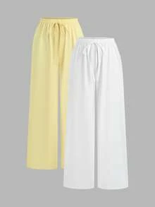 SHEIN Unity Women's New Fashion Versatile Low Waist Straight Leg Wide Leg Pants Long Pants Light Yellow + White 2 Pieces Set - Multicolor - View 3