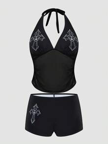 ROMWE Goth 女士休闲度假沙滩派对优雅露背印花比基尼两件式泳衣，哥特风比基尼，哥特风泳装，女士哥特风泳衣，哥特风运动泳衣，瑜伽上衣，Y2K泳装，Y2K露脐上衣，拉链泳衣，哥特风上衣，哥特风泳装，哥特风比基尼套装，哥特风泳装 - 黑色 - 查看 5