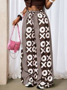 BamGleam Fashionable Casual Commuter City Break Wave Pattern Symbol Print Wide Leg Long Pants Brown Summer - Multicolor - View 8