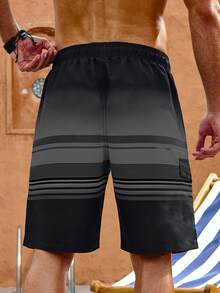 Manfinity KASUA Celana Pendek Pantai Kasual Pria Ukuran Besar Motif Garis-garis dengan Tali Serut untuk Liburan - Hitam - View 2