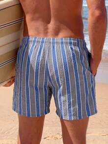 CoralVoy 男士度假抽繩腰條紋休閒沙灘短褲 - 藏蓝色 - 查看 2