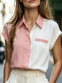 SHEIN LUNE CURVE Chemise élégante à manches courtes et blocs de couleurs pour femmes grandes tailles, tenue décontractée pour les déplacements en été - Rose pâle - Voir 1