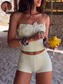 Bonvoyette Damen einfarbiges Stoff-Tanktop mit Blumenakzent, Bandeau-Bauchkontroll-Top und quadratische Shorts, 2 Stücke Badeanzug-Set für tägliche Strandpartys, lässige Urlaube, einfach und elegant - Khaki - Übersicht 7