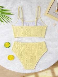 SHEIN 青少年女孩比基尼套裝，2件式泳衣套裝，可愛時尚休閒優雅成熟泳裝，適合游泳、夏季度假、海灘、海邊、泳池、夏季假期派對、休閒度假 - 黃色 - 查看 3