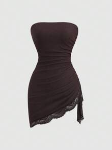 Sweetra Spring/Summer Women's Textured Contrast Lace Sexy Tailored Bandeau Dress Night Out Club Party Date Night Dark Brown Halloween - Coffee - View 4