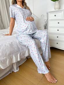 Moonlight&Mama Moonlight Mama Spring/Summer Basic Cute Casual Fashion Heart Print Lapel Bow Decor Short Sleeve Pants Maternity Loungewear Set Lounge Prom Light Blue - Grey - View 4