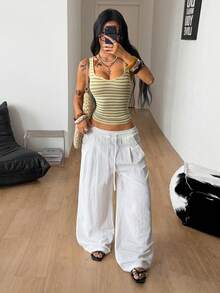 Coolane 女款條紋拼色修身百搭休閒上衣 - 黃色 - 查看 7