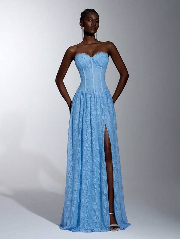 Elitara Elegant Minimalist Fashion Light Blue Lace Strapless Evening Gown
