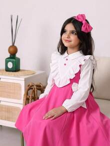 Tween Girl Back To School Dress KIDS Tween Girls Pink Dress, Essential For School Season, Casual Preppy Style, Long Sleeve, Color Block, Exaggerated Ruffle Hem, Soft And Vintage Feel; Double-Breasted Button Decor On Chest, Neat And Exquisite Pink - Pink - View 6